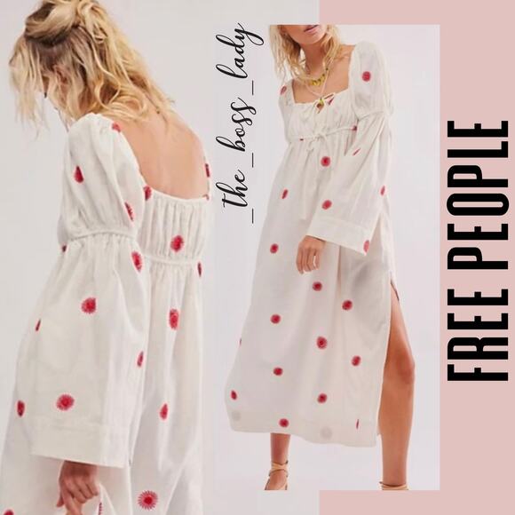 Free People dress maxi embroidered cotton linen color white/red size small NWOT - Picture 2 of 12